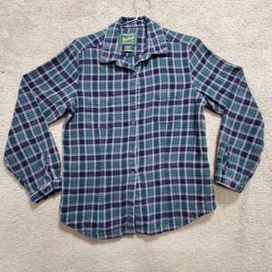 Woolrich Shirt Women's Medium  Blue Green Plaid Flannel Button Up Outdoor Casual